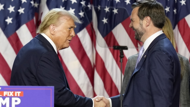 Republican presidential nominee former President Donald Trump, left, shakes the hand of Republican vice presidential nominee Sen. JD Vance, R-Ohio, at an election night watch party, Wednesday, Nov. 6, 2024, in West Palm Beach, Fla. (AP Photo/Alex Brandon)