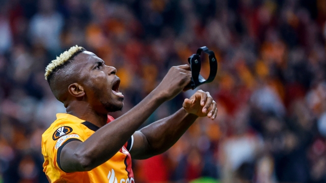 Galatasaray's Nigerian forward #45 Victor Osimhen celebrates after scoring a goal during the UEFA Europa League, League phase - Matchday 4, football match between Galatasaray and Tottenham at the Ali Sami Yen Spor Kompleksi in Istanbul on November 7, 2024. (Photo by KEMAL ASLAN / AFP)