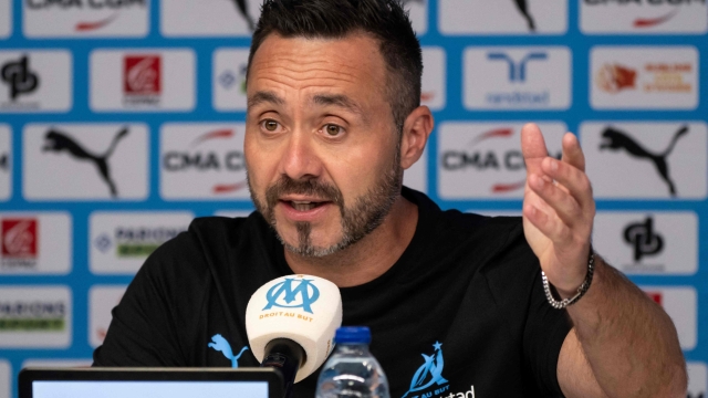 Marseille's Italian head coach Roberto De Zerbi speaks during a press conference at Robert Louis-Dreyfus Training Centre in northern Marseille ahead of the French L1 football match against Paris Saint-Germain (PSG) on October 25, 2024. (Photo by MIGUEL MEDINA / AFP)