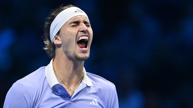 Alexander Zverev of Germany celebrates his victory against Carlos Alcaraz of spain during the match of Nitto Atp Finals in Turin, Italy, 15 november 2024 .ANSA/ALESSANDRO DI MARCO