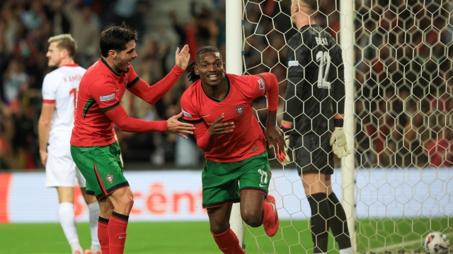 epa11723516 Portugal's Rafael Leao celebrates after scoring the 1-0 goal during the UEFA Nations League soccer match between Portugal and Poland, in Porto, Portugal, 15 November 2024.  EPA/ESTELA SILVA