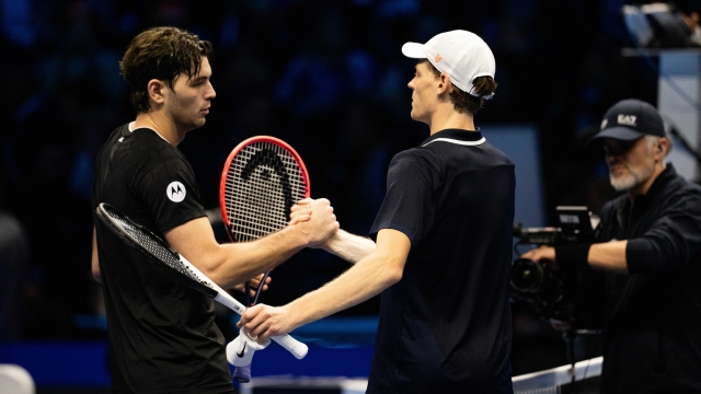 Italy's Jannik Sinner  reacts after winning  the singles tennis match of the ATP World Tour Finals against United States' Taylor Fritz at the Inalpi Arena in Turin, Italy - Sport - Tuesday, November 12, 2024. (Photo by Marco Alpozzi/Lapresse)