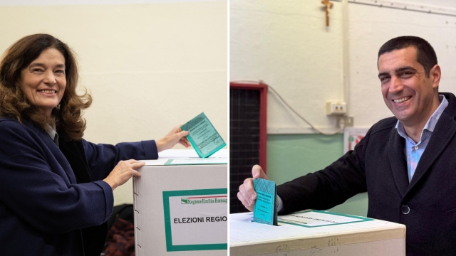 Elena Ugolini (S) e Michele De Pascale (D), due candidati principali alle regionali in Emilia-Romagna, durante il voto, 17 novembre 2024. ANSA/ MAX CAVALLARI- FABRIZIO ZANI