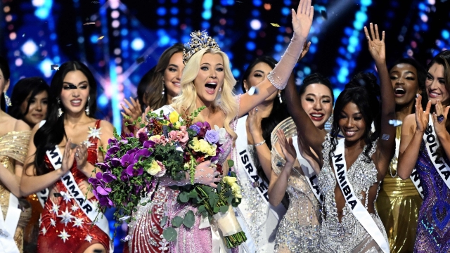 TOPSHOT - The newly crowned Miss Universe 2024, Victoria Kjaer Theilvig (C) from Denmark, reacts as she celebrates amid the other participants after winning the 73rd edition of the Miss Universe pageant in Mexico City on November 16, 2024. (Photo by CARL DE SOUZA / AFP)