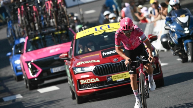 EF Education - EasyPost team's Irish rider Ben Healy cycles in the final metres to the finish line to win the 6th stage of the 112th edition of the Tour de France cycling race, 201.5 km between Bayeux and Vire Normandie, Northwestern France, on July 10, 2025. (Photo by Marco BERTORELLO / AFP)