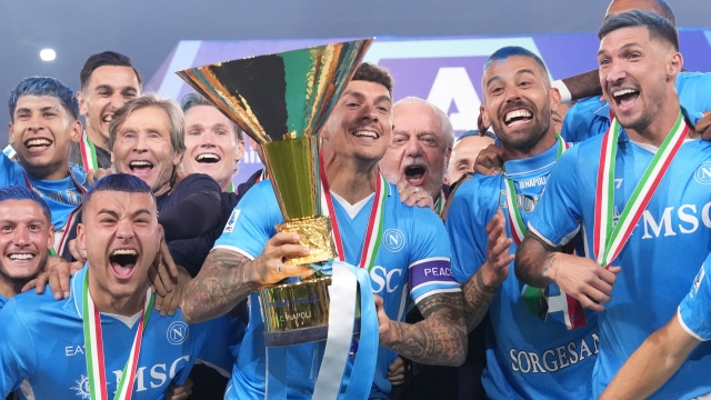 Napoli players celebrate winning their fourth Scudetto after the Serie A EniLive football match between Napoli and Cagliari at the Diego Armando Maradona stadium in Naples, Italy - Friday 23 May 2025 - Sport Soccer ( Photo by Alfredo Falcone/LaPresse )