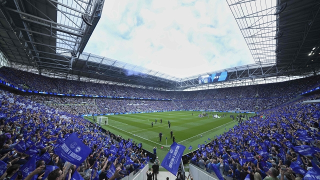 The new Everton stadium Hill Dickinson Stadium is seen before the Premier League soccer match between Everton and Brightonnd in Liverpool, England, Sunday, Aug. 24, 2025. (AP Photo/Jon Super)