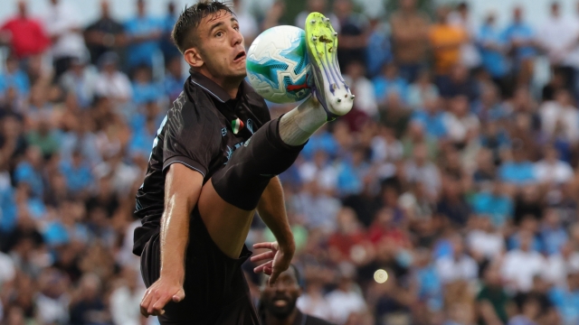 Napoli?s Lorenzo Lucca  during the friendly match Napoli and Olympiakos  at the Teofilo Patini Stadium in Castel Di Sangro, Central Southern Italy - Thursday, August 14 , 2025. Sport -Soccer .  (Photo by Alessandro Garofalo/LaPresse)