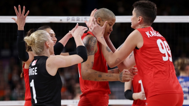 Melissa Teresa Vargas of Team Türkiye celebrates with team mates during the Women’s Preliminary Round - Pool C match between Team Türkiye and Team Netherlands on day three of the Olympic Games Paris 2024 at Paris Arena on July 29, 2024 in Paris, France. (Photo by Christian Petersen/Getty Images)