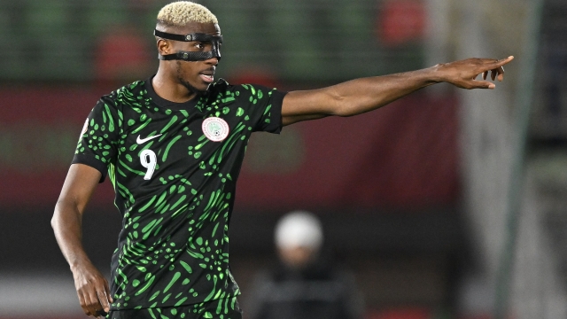 Nigeria's forward #09 Victor Osimhen gestures during the Africa Cup of Nations (CAN) round of 16 football match between Nigeria and Mozambique at the Sports Complex stadium in Fes on January 5, 2026. (Photo by SEBASTIEN BOZON / AFP)