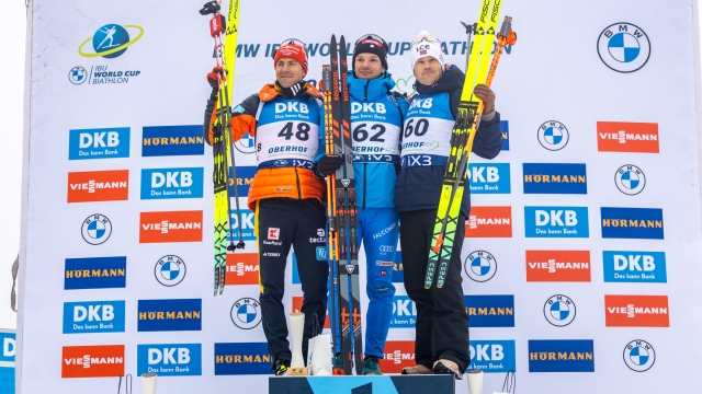 
Philipp Nawrath (GER), Tommaso Giacomel (ITA), Johannes Dale-Skjevdal (NOR), (l-r)  - IBU World Cup Biathlon, mens sprint race, Oberhof (GER). www.biathlonworld.com © Yevenko/IBU. Handout picture by the International Biathlon Union. For editorial use only. Resale or distribution is prohibited.