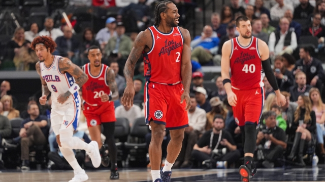 Los Angeles Clippers forward Kawhi Leonard (2) reacts to a play during the first half of an NBA basketball game against the Philadelphia 76ers Monday, Feb. 2, 2026, in Inglewood, Calif. (AP Photo/Jae C. Hong)