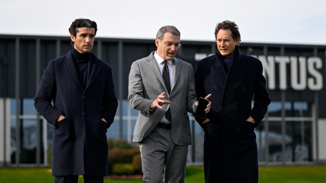  Exor CEO John Elkann, pictured with Damien Comolli and Francois Modesto attends a Juventus training session at JTC on February 13, 2026 in Turin, Italy.  (Photo by Daniele Badolato - Juventus FC/Juventus FC via Getty Images)