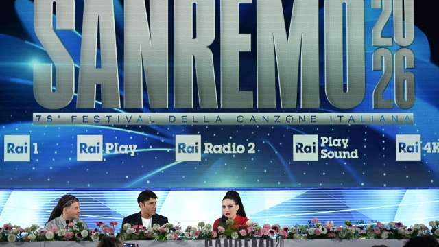 Third-place Italian Ditonellapiaga (R), second-place Italian singer Sayf (L) and the winner of the festival, Italian singer Sal Da Vinci (C), attend a press conference at the Sanremo Italian Song Festival in Sanremo, Italy, 01 March 2026. The 76th Sanremo Italian Song Festival started on 24 February and concluded on the evening of 28 February 2026.   ANSA/RICCARDO ANTIMIANI