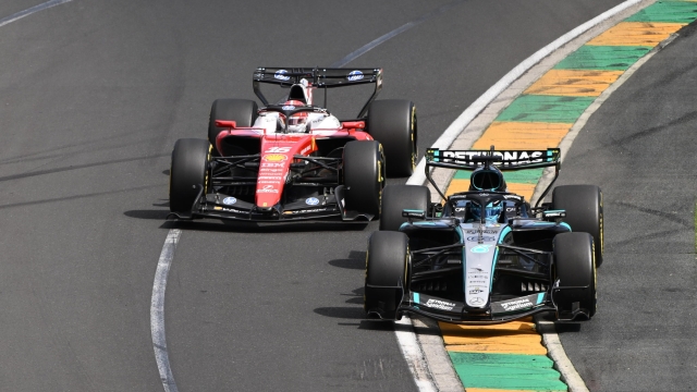 epa12802819 Mercedes-AMG PETRONAS Formula One Team
driver George Russell (R) leads Scuderia Ferrari HP driver Charles Leclerc (L) during the 2026 Australian Grand Prix 2026 Australian Grand Prix at Albert Park Circuit in Melbourne, Australia, 08 March 2026.  EPA/JOEL CARRETT EDITORIAL USE ONLY AUSTRALIA AND NEW ZEALAND OUT