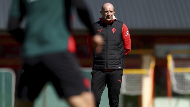 Massimiliano Allegri Head coach of AC Milan looks on during an AC Milan Training Session at Milanello on March 28, 2026 in Cairate, Italy. (Photo by Giuseppe Cottini/AC Milan via Getty Images)