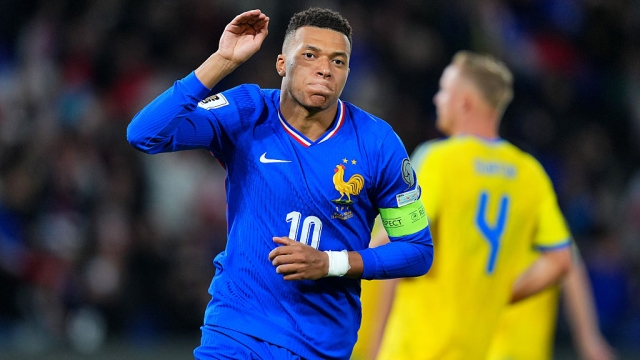  Kylian Mbappe of France celebrates scoring his team's first goal from the penalty spot during the FIFA World Cup 2026 qualifier match between France and Ukraine at Parc des Princes on November 13, 2025 in Paris, France. (Photo by Franco Arland/Getty Images)
