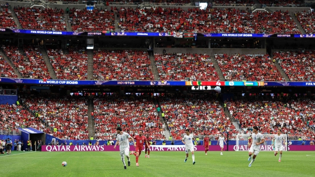  A general view (GV) of the Houston Stadium with Qatar Airways branding on the advertising boards during the FIFA World Cup 2026 Group K match between Portugal and Uzbekistan at Houston Stadium on June 23, 2026 in Houston, United States.   Charlotte Wilson/Getty Images/AFP (Photo by Charlotte Wilson / GETTY IMAGES NORTH AMERICA / Getty Images via AFP)