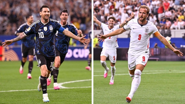 (COMBO) This combination of file photos created on July 12, 2026, shows Argentina's forward #10 Lionel Messi in Arlington on June 27, 2026 (L),ja and England's forward #09 Harry Kane in Arlington on June 17, 2026. England and Argentina will meet in a 2026 World Cup semi-final football match at the Atlanta Stadium in Atlanta on July 15, 2026. (Photo by Paul ELLIS / AFP)