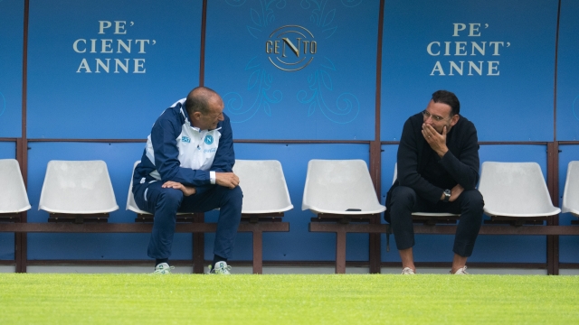 DIMARO, ITALY - JULY 21: SSC Napoli head coach Massimiliano Allegri and Giovanni Manni looks on during a training session at the clubâs pre-season training camp on on July 21, 2026 in Dimaro, Italy. (Photo by SSC NAPOLI/SSC NAPOLI via Getty Images)