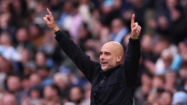  Pep Guardiola, Manager of Manchester City, celebrates during the Premier League match between Manchester City and Brentford at Etihad Stadium on May 09, 2026 in Manchester, England. (Photo by Naomi Baker/Getty Images)
