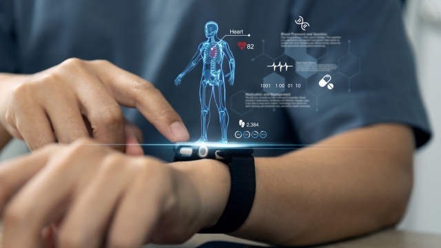 Futuristic health tech, Young man using smartwatch to monitor health data through an augmented hologram, Health tracking application.