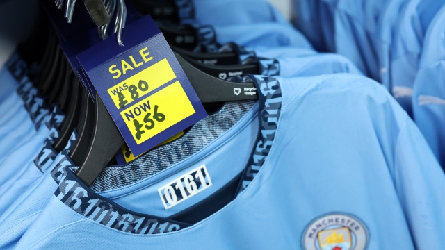  A general view of a shirt on sale in the Manchester City club shop ahead of the Premier League match between Manchester City FC and Nottingham Forest FC at Etihad Stadium on December 04, 2024 in Manchester, England. (Photo by Carl Recine/Getty Images)