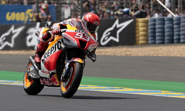 Spain's rider Marc Marquez of the Repsol Honda Team steers his motorcycle during the MotoGP race of the French Motorcycle Grand Prix at the Le Mans racetrack, in Le Mans, France, Sunday, May 15, 2022. (AP Photo/Jeremias Gonzalez)