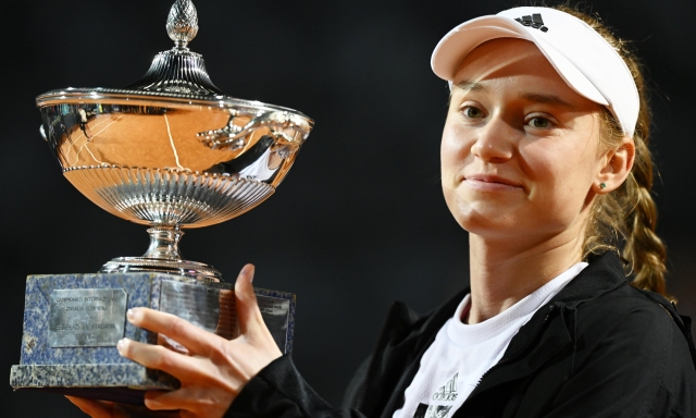 ROME, ITALY - MAY 20: Elena Rybakina of Kazakhstan poses for a photo with their winning trophy after the Women's Singles Final match on day thirteen of Internazionali BNL D'Italia 2023 at Foro Italico on May 20, 2023 in Rome, Italy. (Photo by Justin Setterfield/Getty Images)