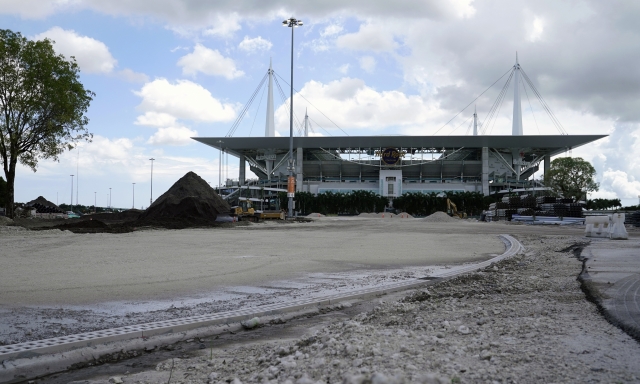 ATTN PAUL KAZDAN: Construction is ongoing outside of Hard Rock Stadium, Thursday, Sept. 23, 2021, where the first Formula One race in Miami will be held on May 8, 2022, in Miami Gardens, Fla. The Miami race at a new track named the Miami International Autodrome built around Hard Rock Stadium, will be the first of two U.S. events on the 2022 schedule. (AP Photo/Lynne Sladky)