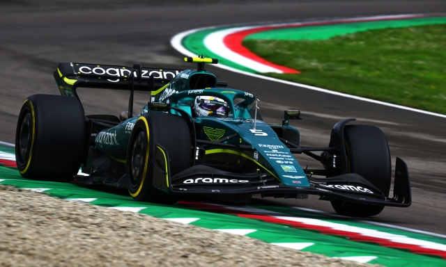 IMOLA, ITALY - APRIL 24: Sebastian Vettel of Germany driving the (5) Aston Martin AMR22 Mercedes on track during the F1 Grand Prix of Emilia Romagna at Autodromo Enzo e Dino Ferrari on April 24, 2022 in Imola, Italy. (Photo by Clive Mason/Getty Images)