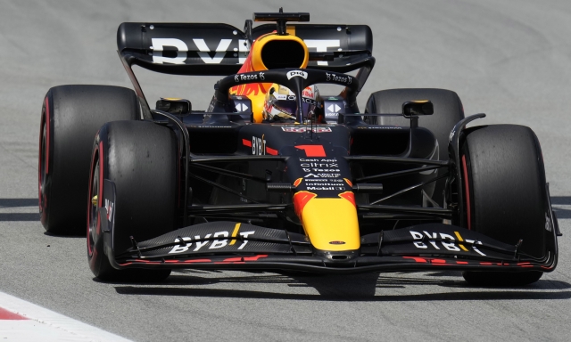 Red Bull driver Max Verstappen of the Netherlands steers his car during the third practice session at the Barcelona Catalunya racetrack in Montmelo, Spain, Saturday, May 21, 2022. The Formula One race will be held on Sunday. (AP Photo/Manu Fernandez)