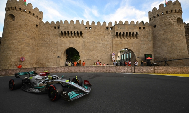 Mercedes' British driver Lewis Hamilton steers his car during the qualifying session for the Formula One Azerbaijan Grand Prix at the Baku City Circuit in Baku on June 11, 2022. (Photo by NATALIA KOLESNIKOVA / AFP)