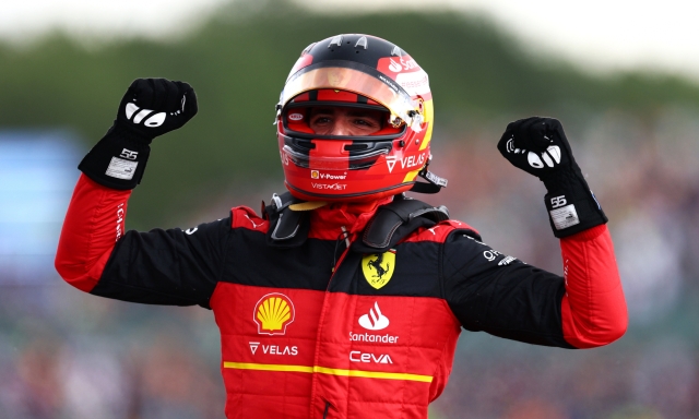 NORTHAMPTON, ENGLAND - JULY 03: Race winner Carlos Sainz of Spain and Ferrari celebrates in parc ferme during the F1 Grand Prix of Great Britain at Silverstone on July 03, 2022 in Northampton, England. (Photo by Clive Rose/Getty Images)