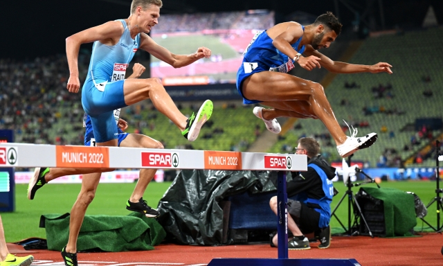 MUNICH, GERMANY - AUGUST 19: Ahmed Abdelwahed of Italy and Topi Raitanen of Finland compete in the Athletics - Men's 3000m Steeplechase Final on day 9 of the European Championships Munich 2022 at Olympiapark on August 19, 2022 in Munich, Germany. (Photo by Matthias Hangst/Getty Images)