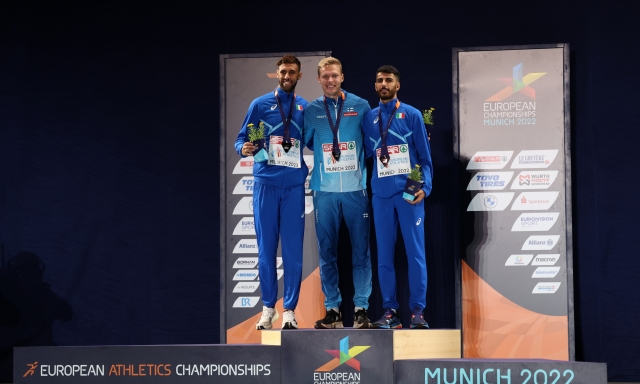 MUNICH, GERMANY - AUGUST 19: (L-R) Silver medalist Ahmed Abdelwahed of Italy, Gold medalist Topi Raitanen of Finland and Bronze medalist Osama Zoghlami of Italy pose on the podium during the Athletics - Men's 3000m Steeplechase Medal Ceremony on day 9 of the European Championships Munich 2022 at Olympiapark on August 19, 2022 in Munich, Germany. (Photo by Maja Hitij/Getty Images)