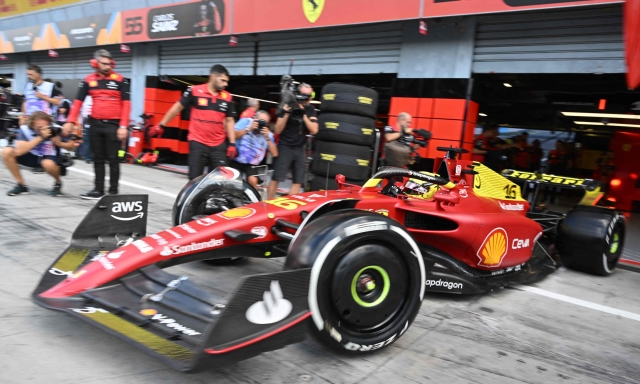 Ferrari's Monegasque driver Charles Leclerc steers his car in the pit lane during the first practice session ahead of the Italian Formula One Grand Prix at the Autodromo Nazionale circuit in Monza on September 9, 2022. (Photo by ANDREJ ISAKOVIC / AFP)
