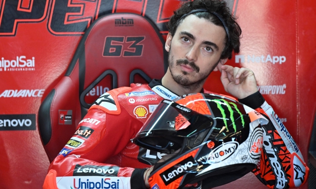 Ducati Italian rider Francesco Bagnaia sits in the box during the first MotoGP free practice session ahead of the Moto Grand Prix of Aragon at the Motorland circuit in Alcaniz on September 16, 2022. (Photo by PIERRE-PHILIPPE MARCOU / AFP)