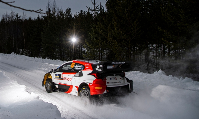 Kalle Rovanpera of Finland and his co-driver Jonne Halttunen of Finland steer their Toyota GR Yaris Rally 1 HYBRID during the shakedown of the Rally Sweden, second round of the FIA World Rally  Championship on February 9, 2023 in Hakmark, north of Umea, Sweden. (Photo by Jonathan NACKSTRAND / AFP)