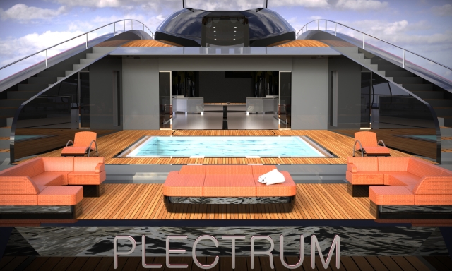 Lo yacht Plectrum prevede anche  una piscina, due garage e una pista di atterraggio per gli elicotteri
