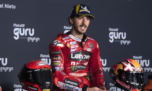 JEREZ DE LA FRONTERA, SPAIN - APRIL 30: Francesco Bagnaia of Italy and Ducati Lenovo Team speaks during the press conference at the end of the MotoGP race during the MotoGP Of Spain - Race on April 30, 2023 in Jerez de la Frontera, Spain. (Photo by Mirco Lazzari gp/Getty Images)