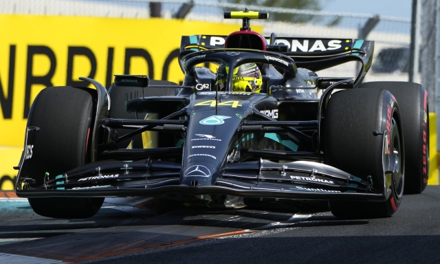 Mercedes driver Lewis Hamilton of Britain steers his car during qualifying for the Formula One Miami Grand Prix auto race, Saturday, May 6, 2023, at the Miami International Autodrome in Miami Gardens, Fla. (AP Photo/Lynne Sladky)