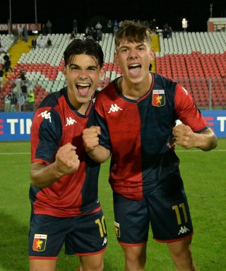 ANCONA, ITALY - JUNE 13 Marco Romano and Lorenzo Venturino of Genoa CFC celebrate the victory after the U18 Final match between AS Roma and Genoa CFC at Del Conero Stadium on June 13, 2024 in Ancona, Italy. (Photo by Giuseppe Bellini/Getty Images)