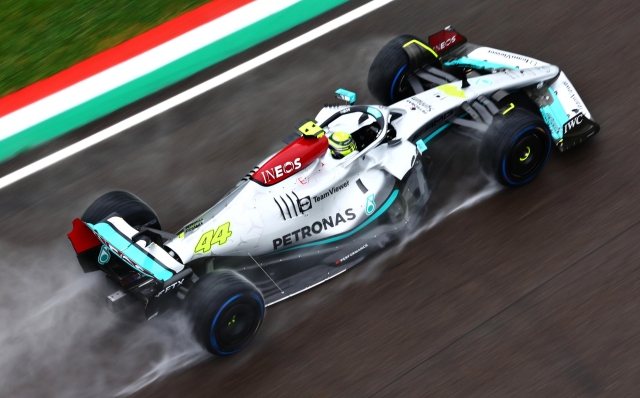 IMOLA, ITALY - APRIL 22: Lewis Hamilton of Great Britain driving the (44) Mercedes AMG Petronas F1 Team W13 on track during practice ahead of the F1 Grand Prix of Emilia Romagna at Autodromo Enzo e Dino Ferrari on April 22, 2022 in Imola, Italy. (Photo by Mark Thompson/Getty Images)