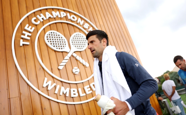 LONDON, ENGLAND - JULY 05: Novak Djokovic of Serbia walks back after practice during day three of The Championships Wimbledon 2023 at All England Lawn Tennis and Croquet Club on July 05, 2023 in London, England. (Photo by Julian Finney/Getty Images)
