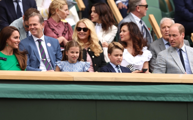 LONDON, ENGLAND - JULY 16: Catherine, Princess of Wales, Princess Charlotte of Wales, Prince George of Wales and Prince William, Prince of Wales, are seen in the Royal Box ahead of the Men's Singles Final between Novak Djokovic of Serbia and Carlos Alcaraz of Spain on day fourteen of The Championships Wimbledon 2023 at All England Lawn Tennis and Croquet Club on July 16, 2023 in London, England. (Photo by Julian Finney/Getty Images)