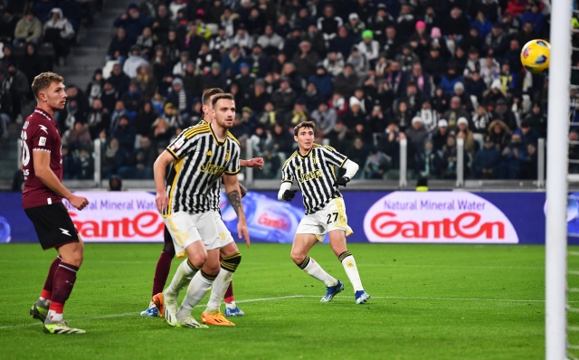 TURIN, ITALY - JANUARY 04: Andrea Cambiaso of Juventus scores their team's second goal during the Coppa Italia Round of 16 match between Juventus FC and US Salernitana at Allianz Stadium on January 04, 2024 in Turin, Italy. (Photo by Valerio Pennicino/Getty Images)