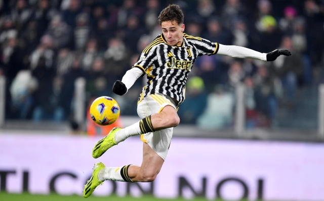 TURIN, ITALY - JANUARY 11: Kenan Yildiz of Juventus scores his team's fourth goal during the Coppa Italia quarter final match between Juventus FC and Frosinone Calcio at Allianz Stadium on January 11, 2024 in Turin, Italy. (Photo by Valerio Pennicino/Getty Images)