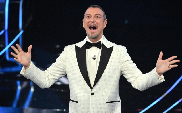 Sanremo Festival host and artistic director Amadeus on stage at the Ariston theatre during the 74rd Sanremo Italian Song Festival, Sanremo, Italy, 06 February 2024. The music festival will run from 06 to 10 February 2024.  ANSA/ETTORE FERRARI