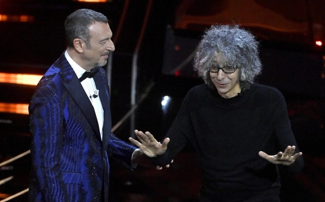 Italian music composer Giovanni Allevi (R) and Sanremo Festival host and artistic director Amadeus on stage at the Ariston theatre during the 74th Sanremo Italian Song Festival in Sanremo, Italy, 07 February 2024. The music festival runs from 06 to 10 February 2024.   ANSA/RICCARDO ANTIMIANI